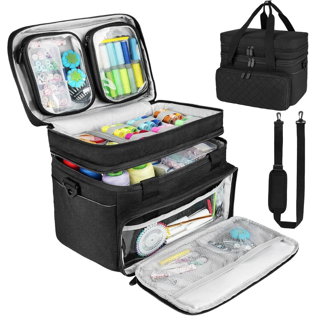 Large Travel Sewing Case Box, Double Layer Sewing Organizer Bag with Shoulder Strap & 2 Detachable Pouches, Portable Sewing Accessories Storage, Black - Just Closeouts Canada Inc.X004LK9HH3
