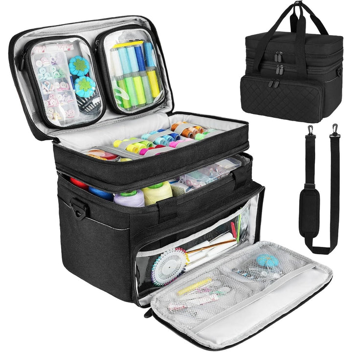 Large Travel Sewing Case Box, Double Layer Sewing Organizer Bag with Shoulder Strap & 2 Detachable Pouches, Portable Sewing Accessories Storage, Black - Just Closeouts Canada Inc.X004LK9HH3
