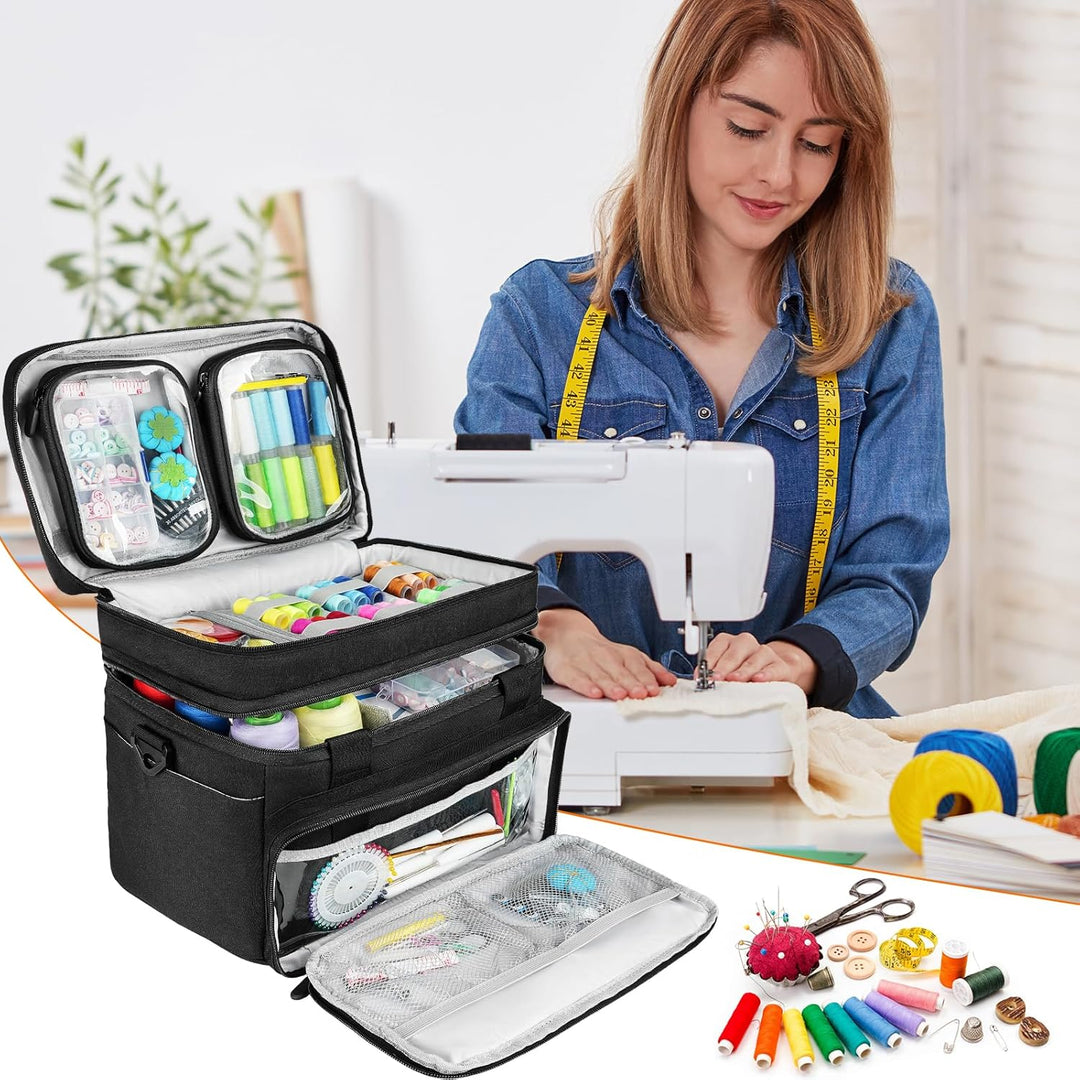 Large Travel Sewing Case Box, Double Layer Sewing Organizer Bag with Shoulder Strap & 2 Detachable Pouches, Portable Sewing Accessories Storage, Black - Just Closeouts Canada Inc.X004LK9HH3