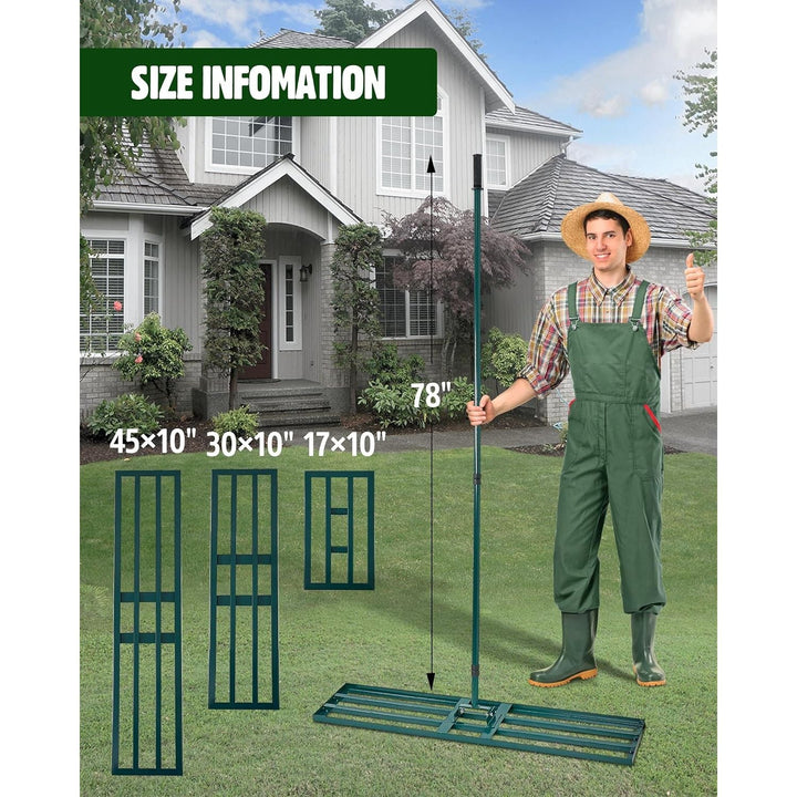 Lawn Leveling Rake,Stainless Steel Lawn Leveler with 45”x10” Ground Plate, 78” Adjustable Long Handle, Heavy Duty Large Level Lawn Tool for Grass, Golf Field, Level Soil or Dirt Ground Surfaces - Green - Just Closeouts Canada Inc.