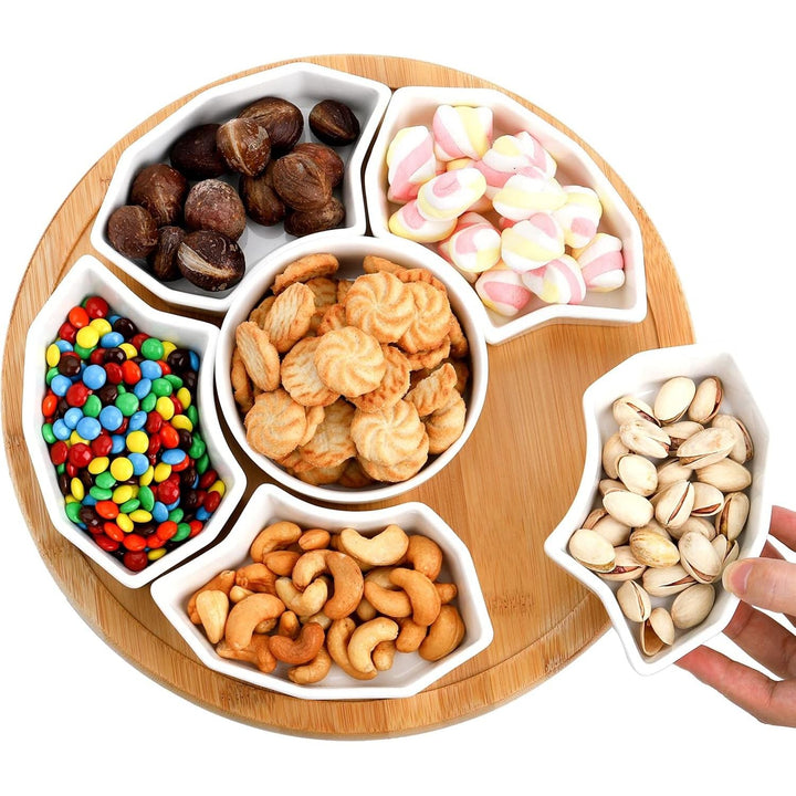 Lazy Susan Serving Tray, Porcelain 360° Rotatable Serving Tray and Platters, 11'' Removable Divided Serving Dishes, Party Relish Bowl for Chip, Dip, Veggies, Candy and Snack, Cheese, 7 Pieces - Just Closeouts Canada Inc.X003AM86CP