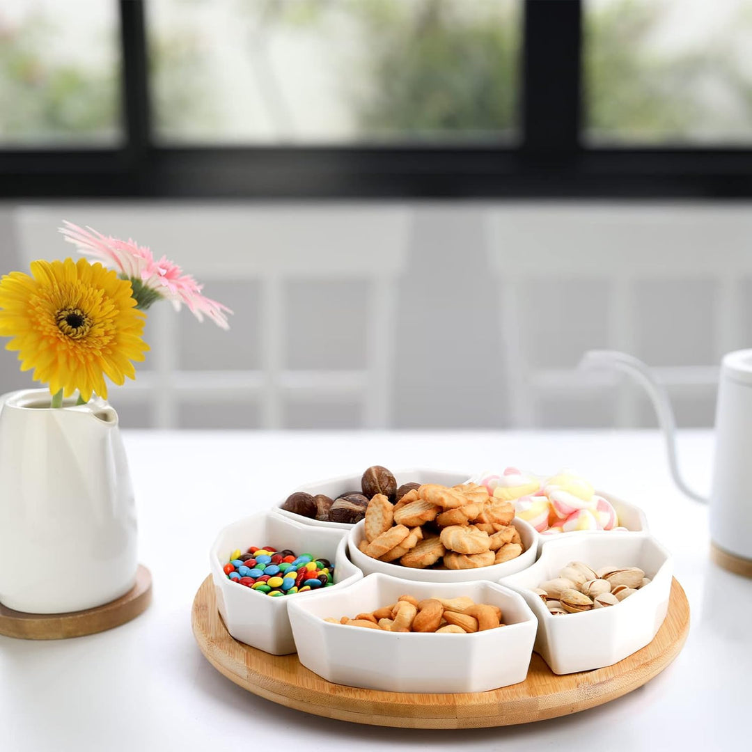 Lazy Susan Serving Tray, Porcelain 360° Rotatable Serving Tray and Platters, 11'' Removable Divided Serving Dishes, Party Relish Bowl for Chip, Dip, Veggies, Candy and Snack, Cheese, 7 Pieces - Just Closeouts Canada Inc.X003AM86CP