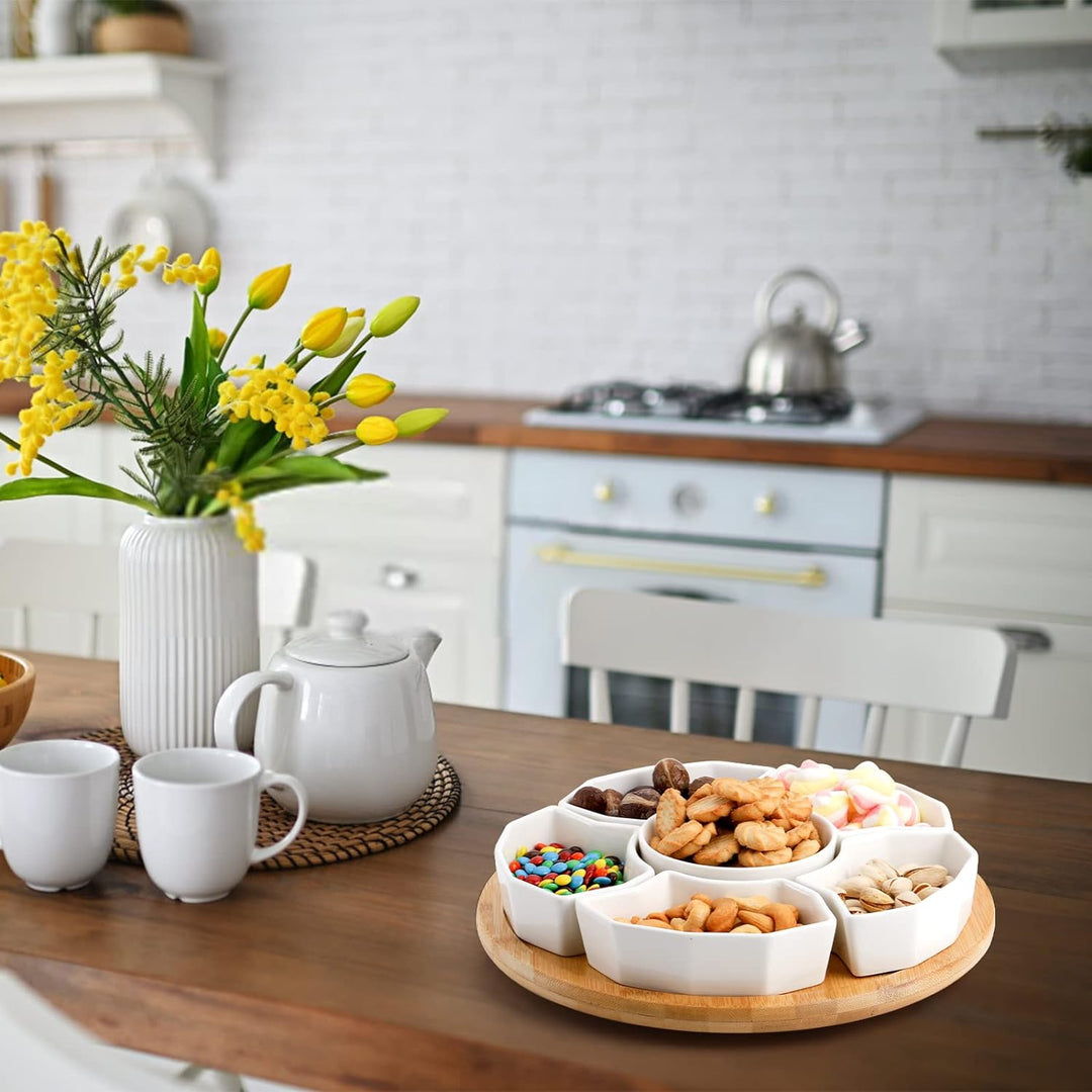 Lazy Susan Serving Tray, Porcelain 360° Rotatable Serving Tray and Platters, 11'' Removable Divided Serving Dishes, Party Relish Bowl for Chip, Dip, Veggies, Candy and Snack, Cheese, 7 Pieces - Just Closeouts Canada Inc.X003AM86CP