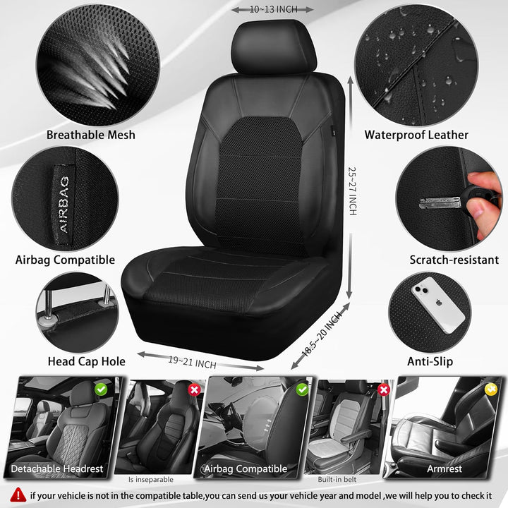 Leather and 3D Air Mesh Universal Fit Car Seat Covers, for Sedans, Trucks, Suvs, Airbag Compatible, Zipper Design and Reserved Opening Holes for Headrest(Full Set, Black and Black) - Just Closeouts Canada Inc.