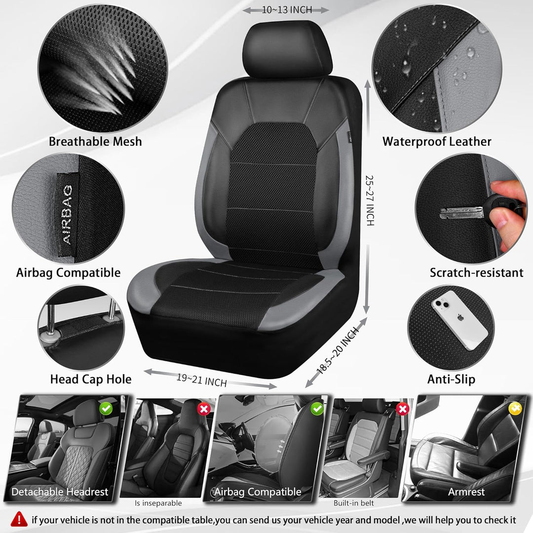 Leather Car Seat Covers Front Seats only, with Air Mesh Front Seat Covers Breathable, Cool Automotive Seat Covers 2 Pack, Universal Fit Most Cars,SUV,Truck,Van Airbag Compatible(Black Gray) - Just Closeouts Canada Inc.