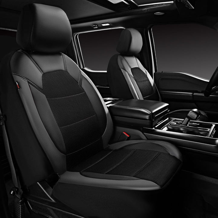 Leather Car Seat Covers Front Seats only, with Air Mesh Front Seat Covers Breathable, Cool Automotive Seat Covers 2 Pack, Universal Fit Most Cars,SUV,Truck,Van Airbag Compatible(Black Gray) - Just Closeouts Canada Inc.