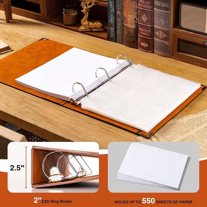 Leather D Ring Binder Fits 8.5"x11" Letter Size Paper, 2 Inch EZD Ring Binders Holds 550 Sheets, Notepad Paper Cover Loose Leaf Organizer with Inner Pockets, Brown Tree - Just Closeouts Canada Inc.