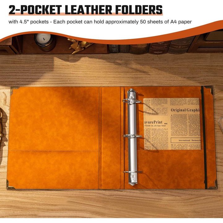 Leather D Ring Binder Fits 8.5"x11" Letter Size Paper, 2 Inch EZD Ring Binders Holds 550 Sheets, Notepad Paper Cover Loose Leaf Organizer with Inner Pockets, Brown Tree - Just Closeouts Canada Inc.
