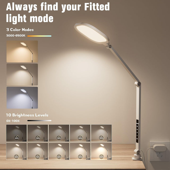 LED Desk Lamp for Home Office, 15W Desk Light with C - Clamp, Swing Arm, Memory & Timer Function, 1200LM Dimmable Computer Light for Video Calls, Conference, Study (White - Clamp) - Just Closeouts Canada Inc.
