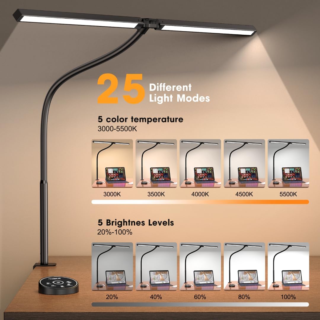 Led Desk Lamp for Office Home - Eye Caring Architect lamp with Clamp,Dual Screen Computer Monitor Gooseneck Smart Light: 24W 5 Color Flexible Adjustable Lighting Table Lamp for Study Drafting - Just Closeouts Canada Inc.