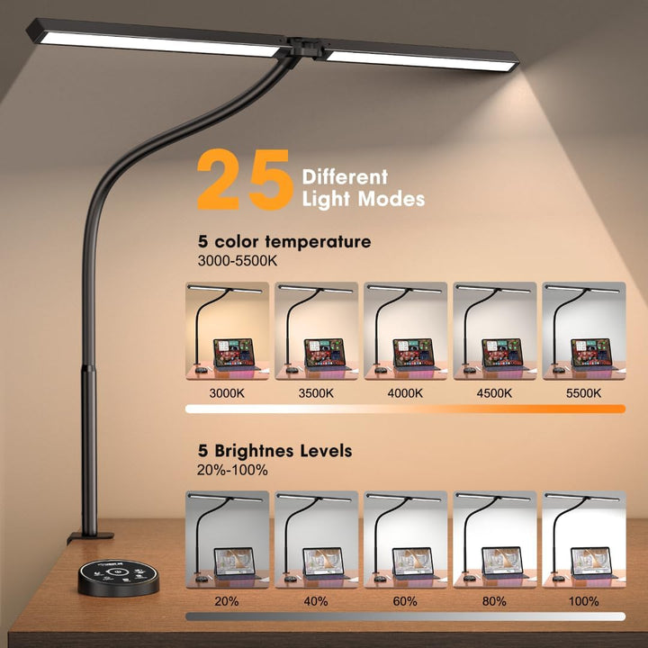 Led Desk Lamp for Office Home - Eye Caring Architect lamp with Clamp,Dual Screen Computer Monitor Gooseneck Smart Light: 24W 5 Color Flexible Adjustable Lighting Table Lamp for Study Drafting - Just Closeouts Canada Inc.