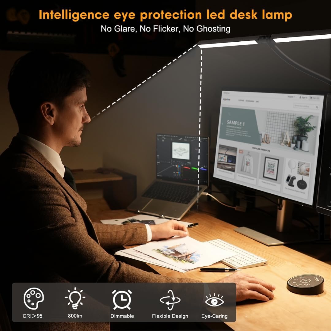 Led Desk Lamp for Office Home - Eye Caring Architect lamp with Clamp,Dual Screen Computer Monitor Gooseneck Smart Light: 24W 5 Color Flexible Adjustable Lighting Table Lamp for Study Drafting - Just Closeouts Canada Inc.