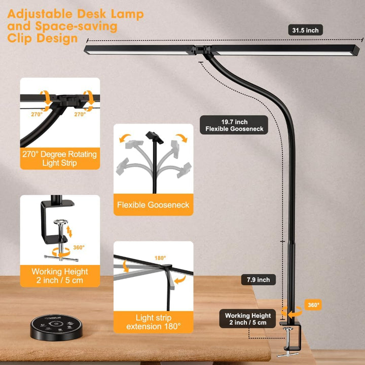Led Desk Lamp for Office Home - Eye Caring Architect lamp with Clamp,Dual Screen Computer Monitor Gooseneck Smart Light: 24W 5 Color Flexible Adjustable Lighting Table Lamp for Study Drafting - Just Closeouts Canada Inc.