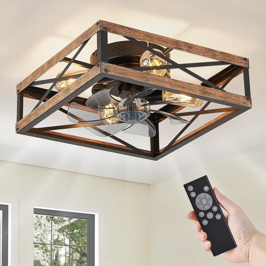LEDIARY Caged Low Profile Ceiling Fan with Lights and Remote, Rustic Square Flush Mount, 6 Speed and Reversible, Small Farmhouse Bladeless Ceiling Fan for Bedroom, Kitchen, Dining Room - Just Closeouts Canada Inc.