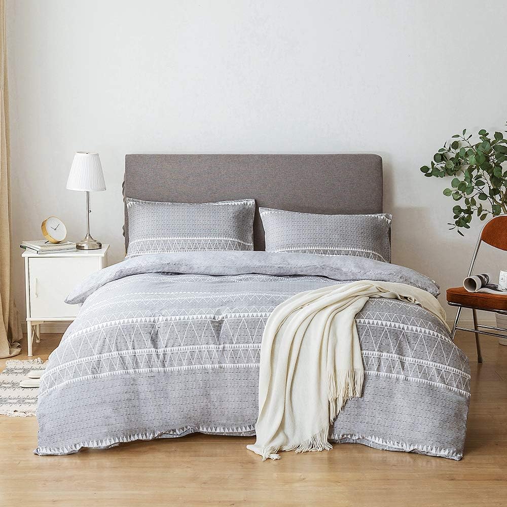 Lekesky Duvet Cover Queen, Microfiber Comforter Queen Set, 3 Pieces Breathable Queen Bedding Sets with Zipper Closure and Corner Ties, Grey Striped - Just Closeouts Canada Inc.