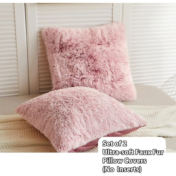 LIFEREVO 2 Pack Blush Pink Shaggy Plush Faux Fur Throw Pillow Covers,Zippered Fuzzy Decorative Pillow Case,Luxury Square Velvety Soft Cushion Case for Sofa Bedroom Car(Ombre Old Pink,18"x18") - Just Closeouts Canada Inc.