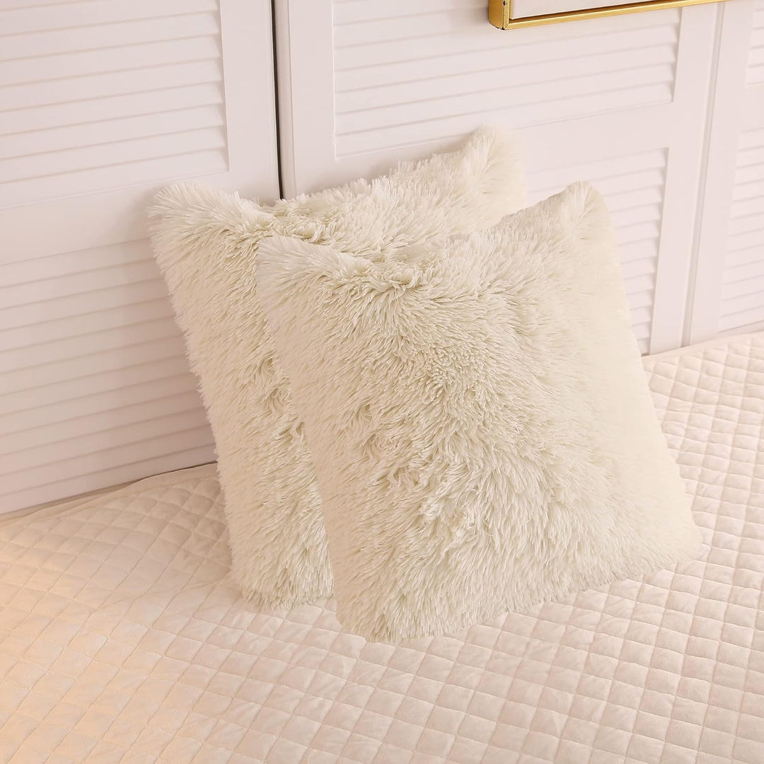 LIFEREVO Cream 2 Pack Shaggy Plush Faux Fur Pillow Shams,Decorative Throw Pillow Cover Velvety Luxury Pillowcases Decorations Soft Cushion Case for Sofa Bedroom Car(Light Beige,18"x18") - Just Closeouts Canada Inc.