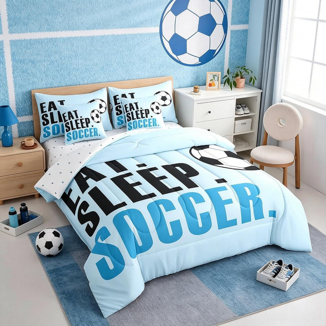 Light Blue Soccer Twin 7-Piece Comforter and Sheet Set - Just Closeouts Canada Inc.X004HSM2TT