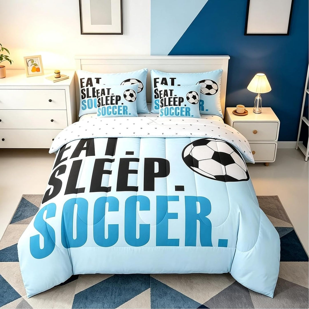 Light Blue Soccer Twin 7-Piece Comforter and Sheet Set - Just Closeouts Canada Inc.X004HSM2TT