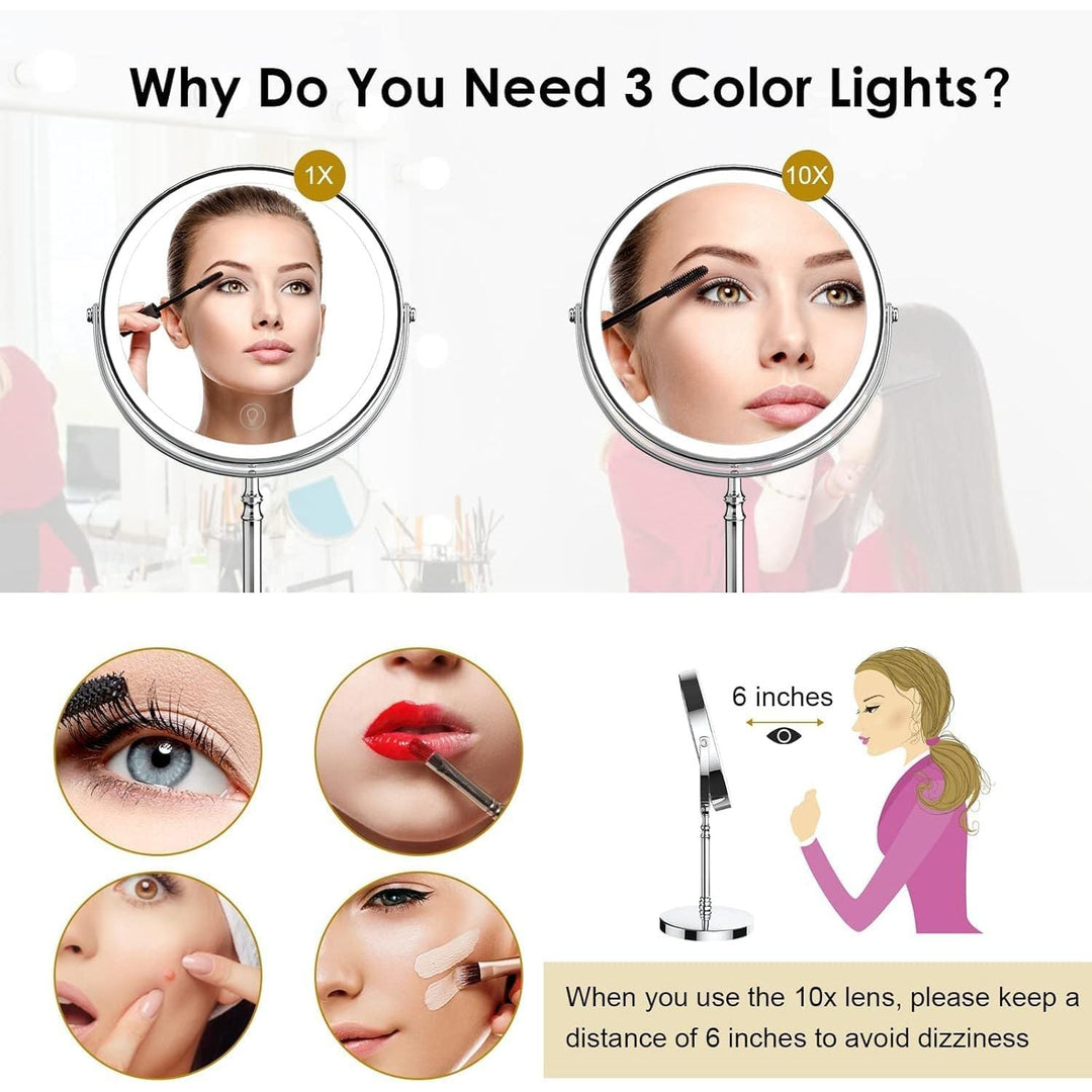 Lighted Makeup Mirror, 8" Rechargeable Double Sided Magnifying Mirror with 3 Colors, 1x/10x 360° Rotation Touch Screen Vanity Mirror, Brightness Adjustable Magnification Cosmetic Light up Mirror - Just Closeouts Canada Inc.