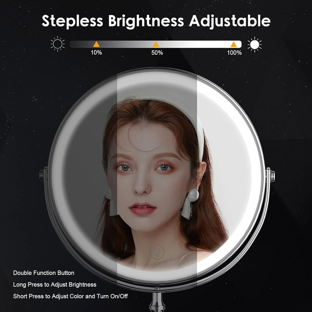 Lighted Makeup Mirror, 8" Rechargeable Double Sided Magnifying Mirror with 3 Colors, 1x/10x 360° Rotation Touch Screen Vanity Mirror, Brightness Adjustable Magnification Cosmetic Light up Mirror - Just Closeouts Canada Inc.