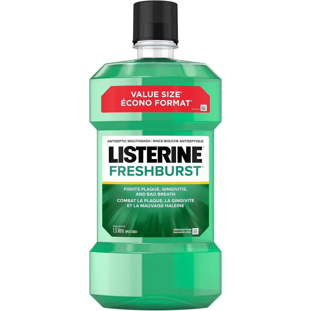 Listerine Fresh Burst Antiseptic Mouthwash, Essential Oils Menthol, Thymol, Eucalpytol, Plaque, Bad Breath, Gingivitis, 1.5L - Just Closeouts Canada Inc.