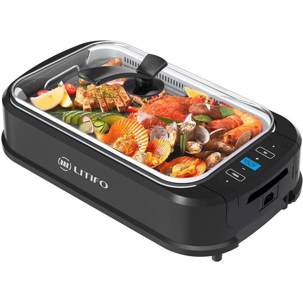 Litifo Smokeless Grill, Portable Electric Grill with Non - Stick Coating, Removable Dishwasher - Safe Plate, Tempered Glass Lid, 120V / 1500W, PG002 - BK - Just Closeouts Canada Inc.