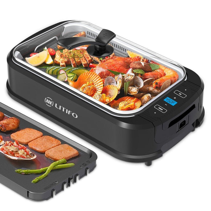 Litifo Smokeless Grill, Portable Electric Grill with Non - Stick Coating, Removable Dishwasher - Safe Plate, Tempered Glass Lid, 120V / 1500W, PG002 - BK - Just Closeouts Canada Inc.