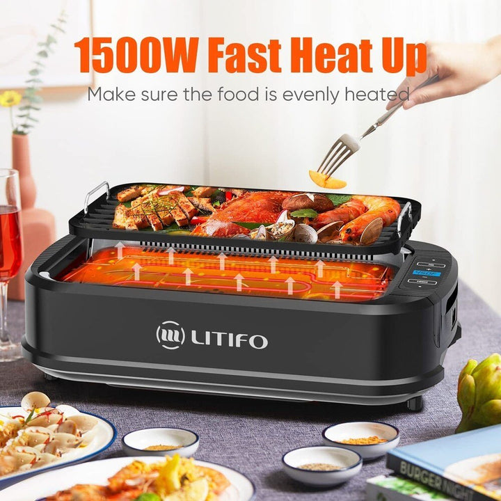 Litifo Smokeless Grill, Portable Electric Grill with Non - Stick Coating, Removable Dishwasher - Safe Plate, Tempered Glass Lid, 120V / 1500W, PG002 - BK - Just Closeouts Canada Inc.