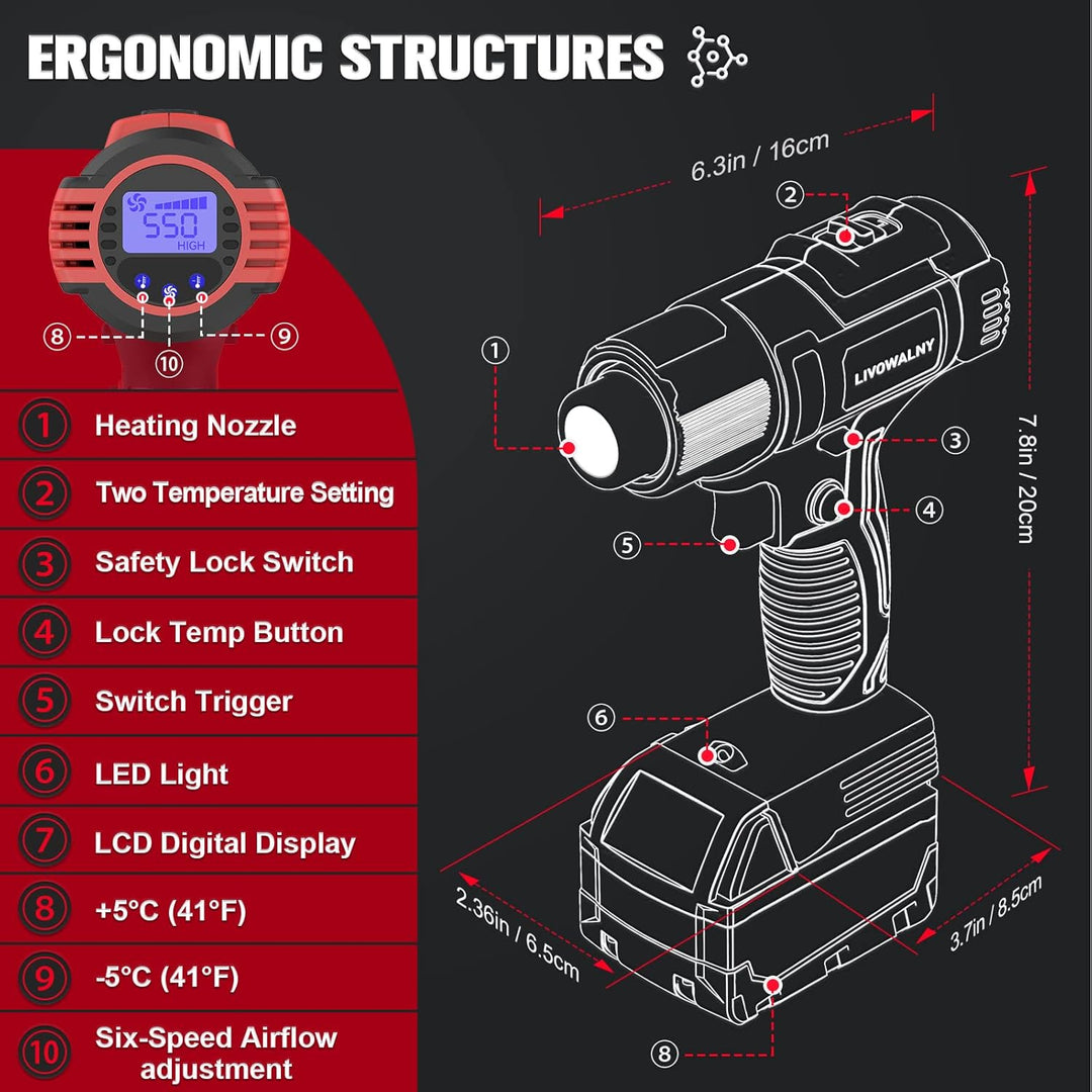 LIVOWALNY Cordless Heat Gun Compatible with Milwaukee 18V Battery, 350W 122?~1202? (50? - 550?) Variable Temperature Control Heat Gun Cordless with LCD Digital Display for Crafts(Battery Not Included) - Just Closeouts Canada Inc.
