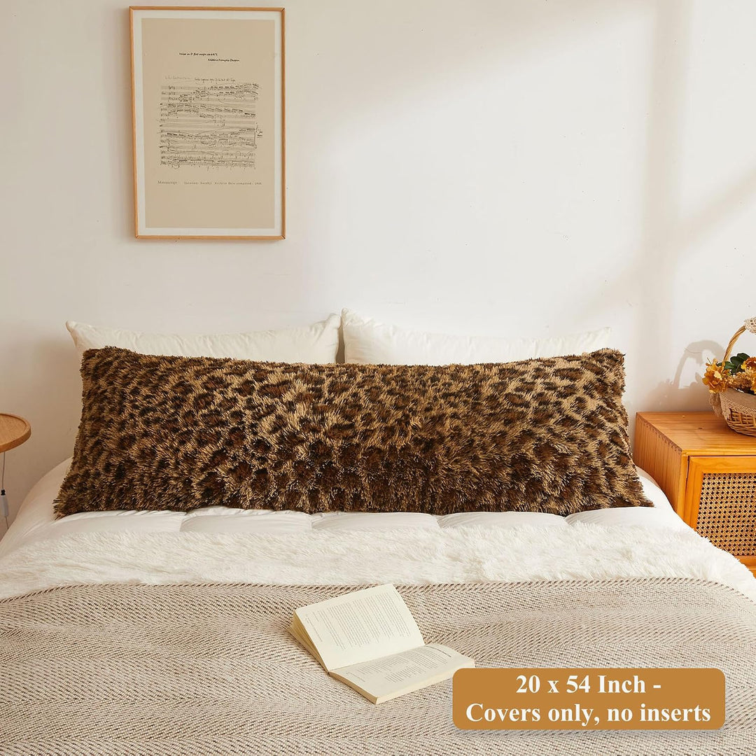 Brown leopard-print faux fur body pillow cover, 20 × 54 inches