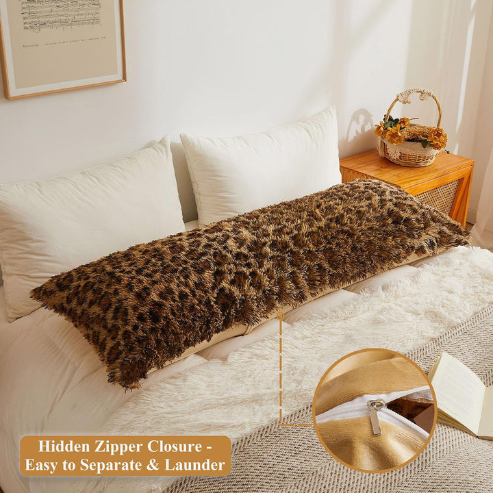 Brown leopard-print faux fur body pillow cover, 20 × 54 inches