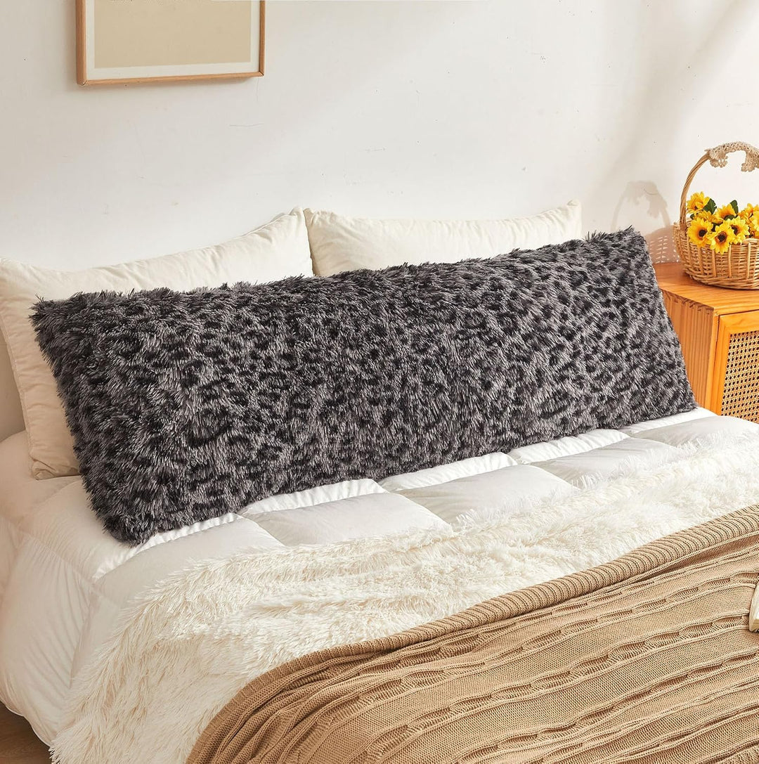 Light Grey Leopard-Print Faux Fur Body Pillow Cover, 20 × 54 in