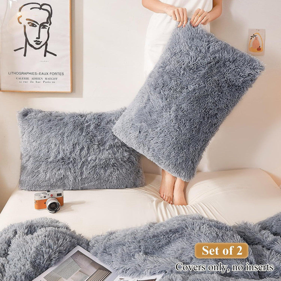 2 Light Gray Faux Fur Standard Pillowcases, 20 × 26 in