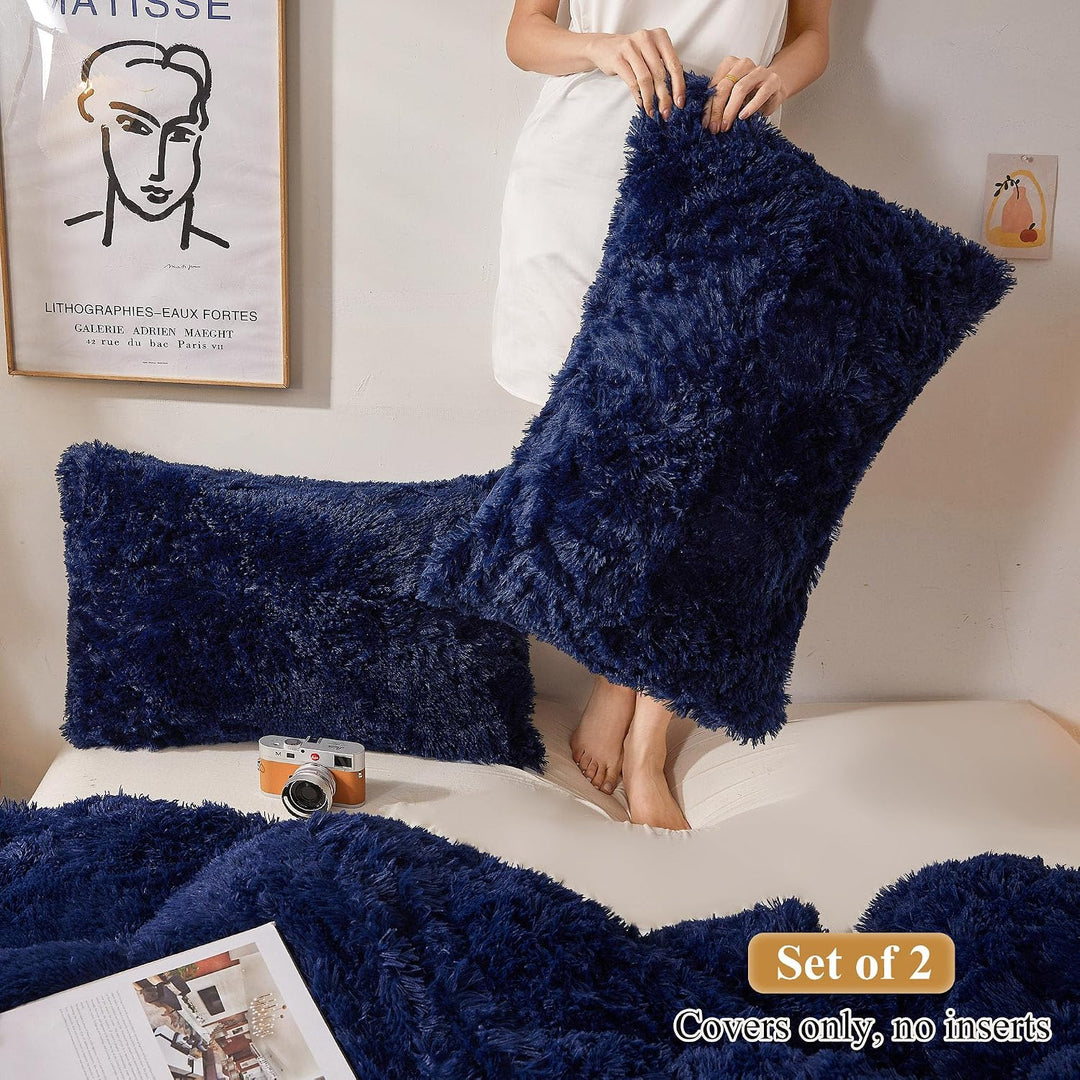2 Navy Blue Faux Fur Standard Pillowcases, 20 × 26 in