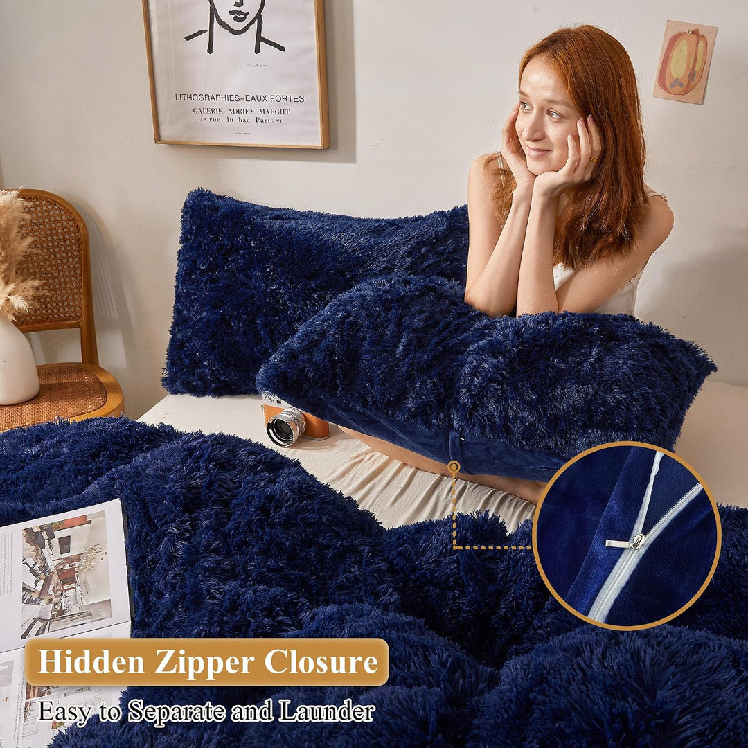 2 Navy Blue Faux Fur Standard Pillowcases, 20 × 26 in