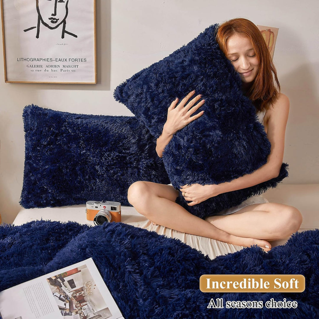 2 Navy Blue Faux Fur Standard Pillowcases, 20 × 26 in