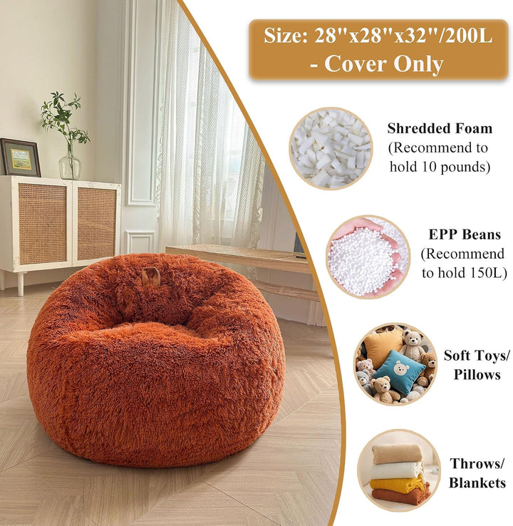 Burnt Orange small faux fur bean bag cover, no filler