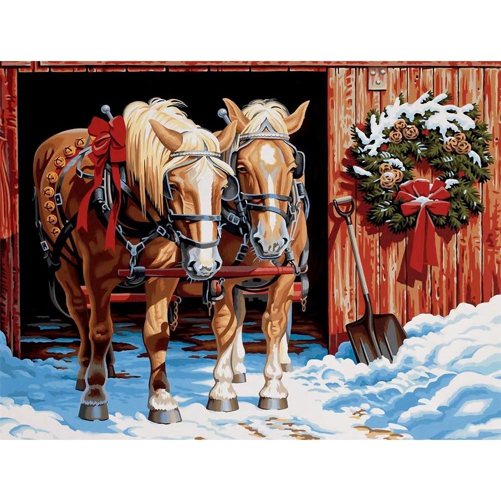 Two horses in snowy Christmas stable diamond painting artwork