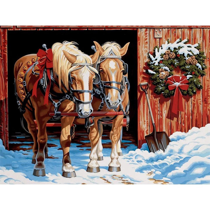 Two horses in snowy Christmas stable diamond painting artwork