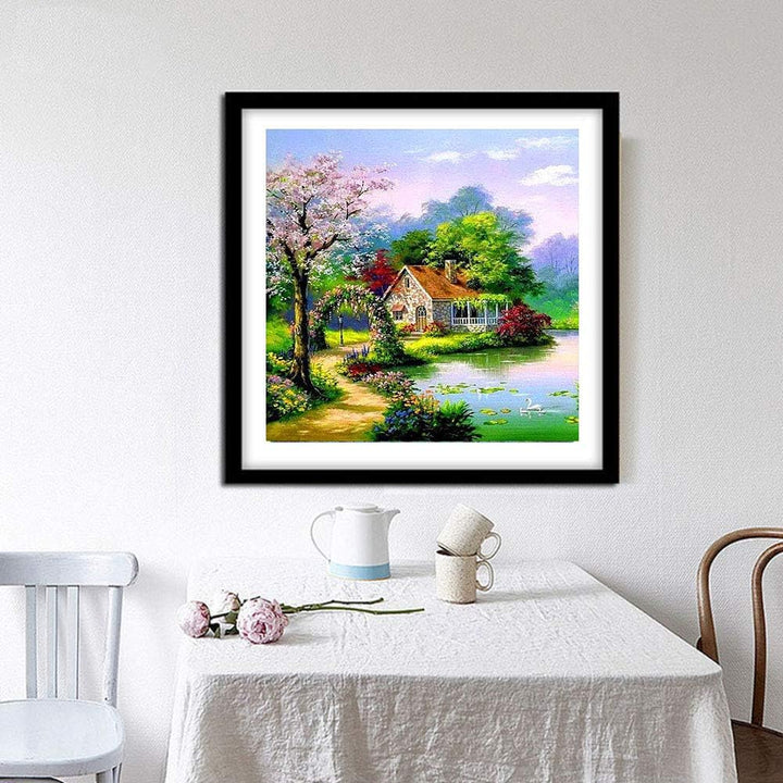 Lakeside cabin diamond painting displayed