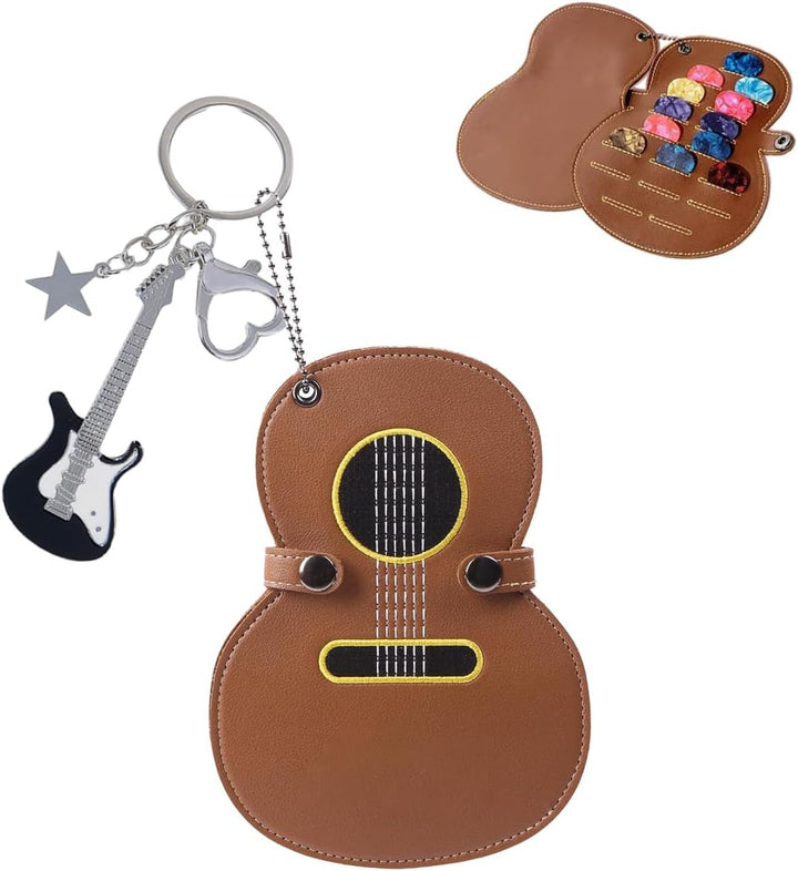 brown guitar shaped PU leather pick holder keychain, view 1