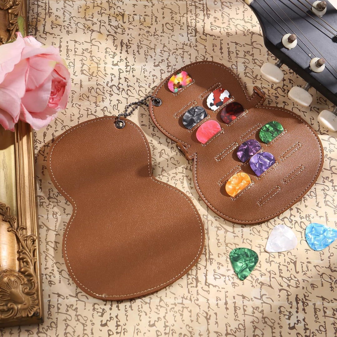 brown guitar shaped PU leather pick holder keychain, view 3