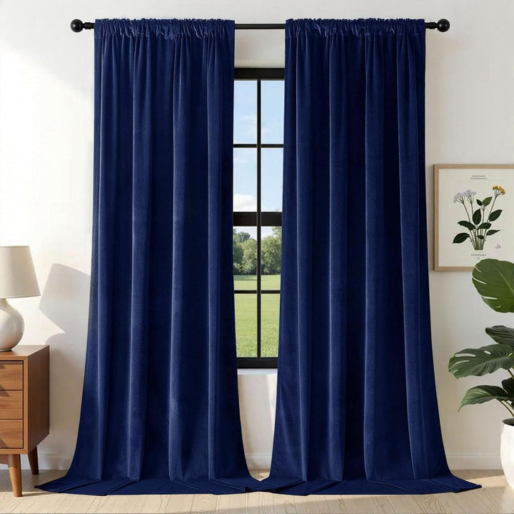 Royal Blue Velvet Rod Pocket Curtains, 2 Panels, 90 in, view 1