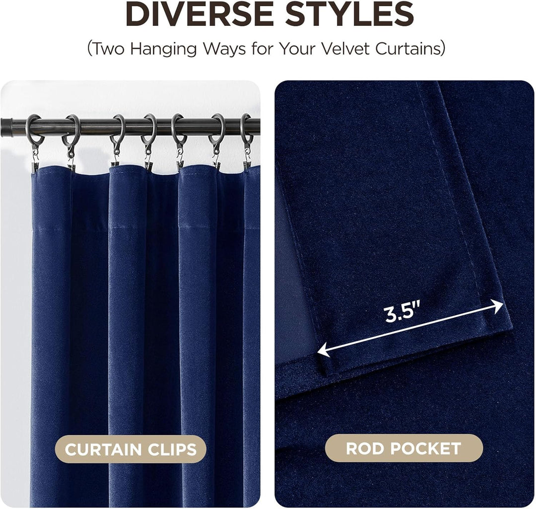 Royal Blue Velvet Rod Pocket Curtains, 2 Panels, 90 in, view 3