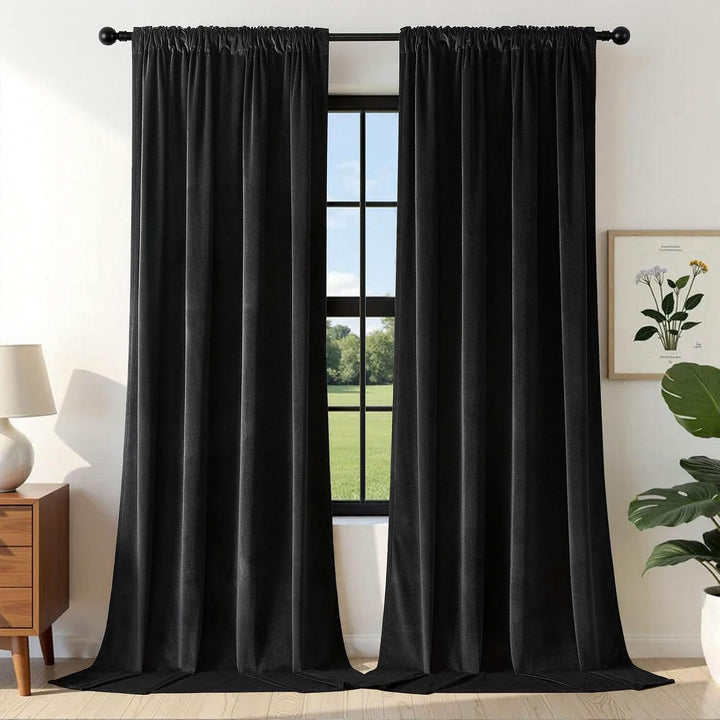 Black Velvet Rod Pocket Curtains, 2 Panels, 72 in, view 1