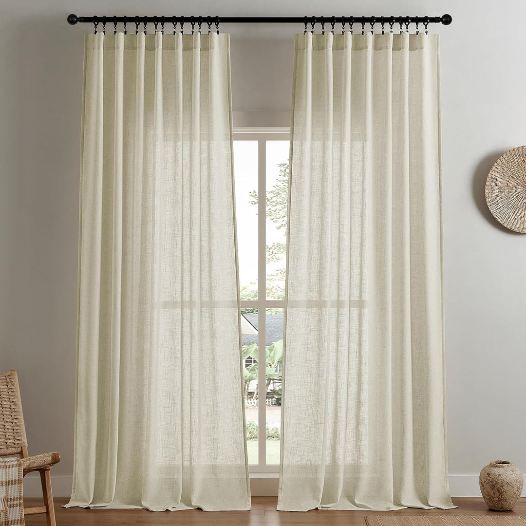 Linen Semi-Sheer Pleated Curtains, 2 Panels, 52 x 108 in, view 1