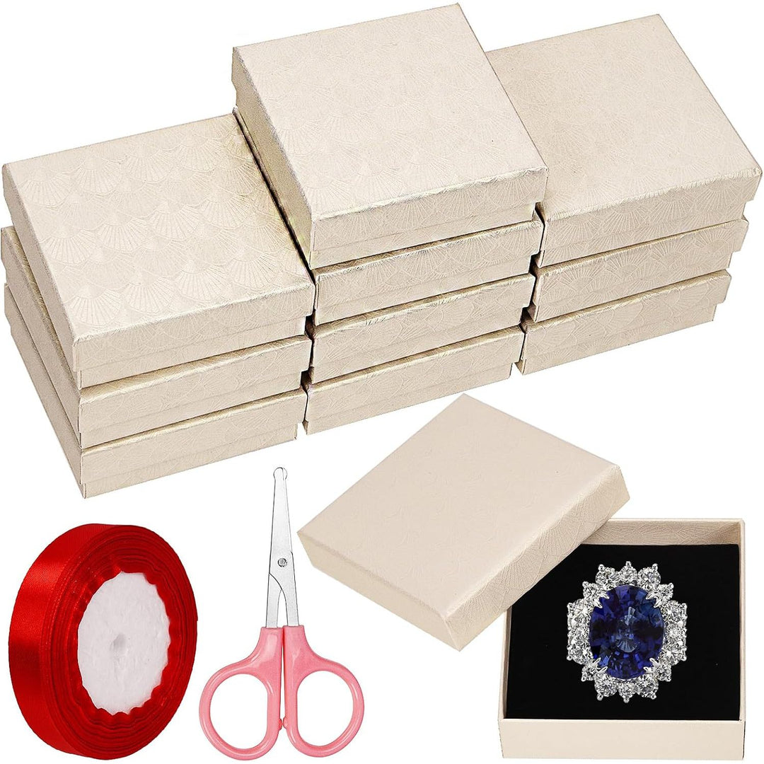 10 Beige Jewelry Gift Boxes with Ribbon and Scissors