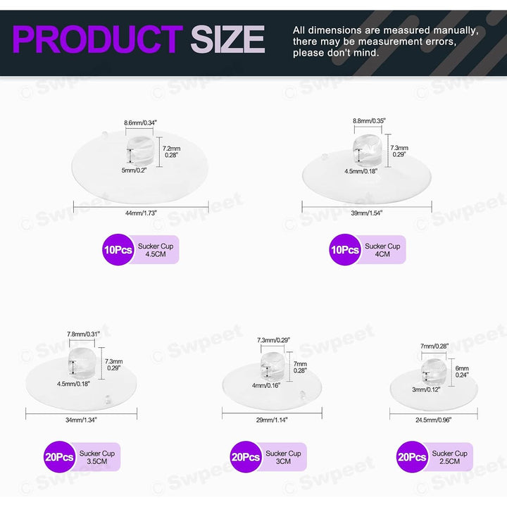 80 Clear Suction Cups in 5 Sizes with Zip Ties