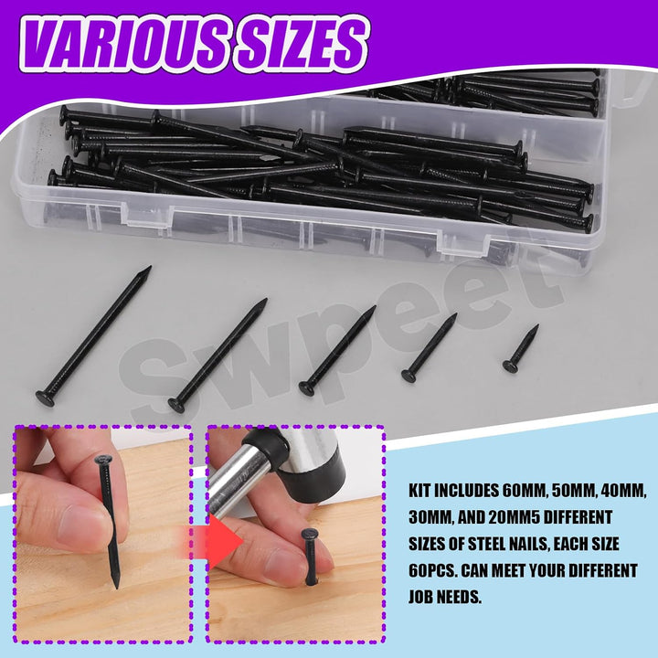 300-Piece Black Galvanized Nail Assortment, 5 Sizes